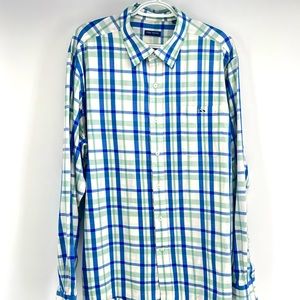 Fish Hippie Button Down Shirt Mens Size XL Plaid Blue Green White